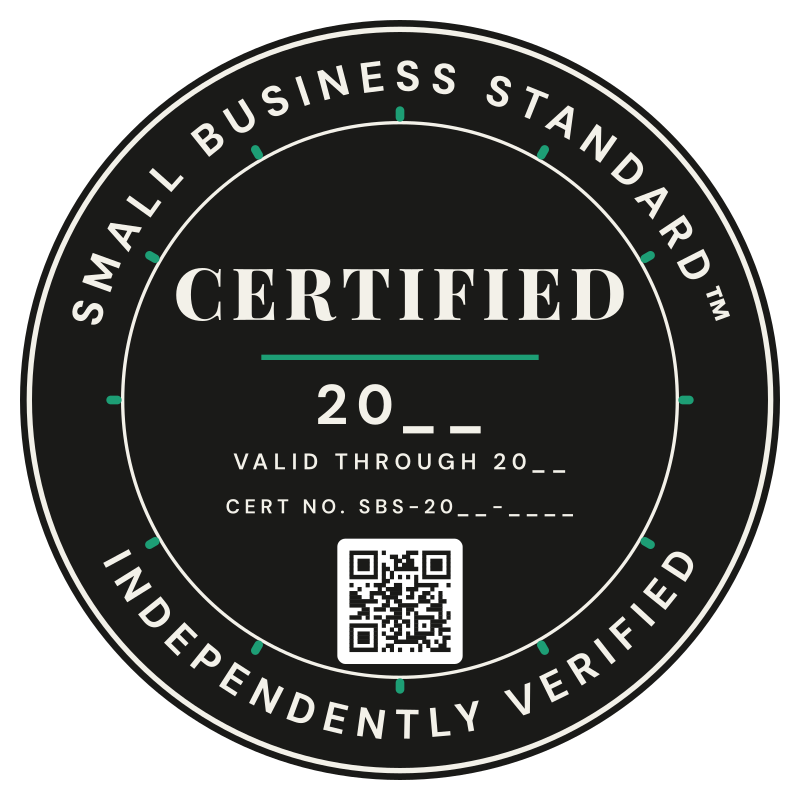 Small Business Standard Certified seal with grant year, certificate number, and verification QR code