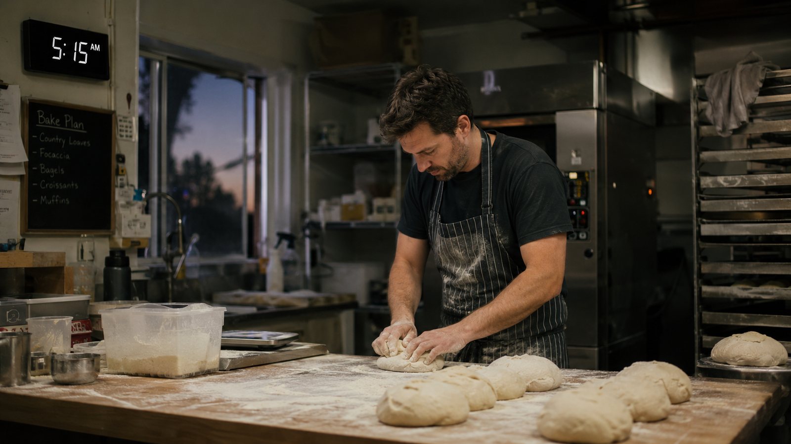 A baker shaping loaves alone in a commercial kitchen at 5:15 in the morning, bake plan chalked on the wall.