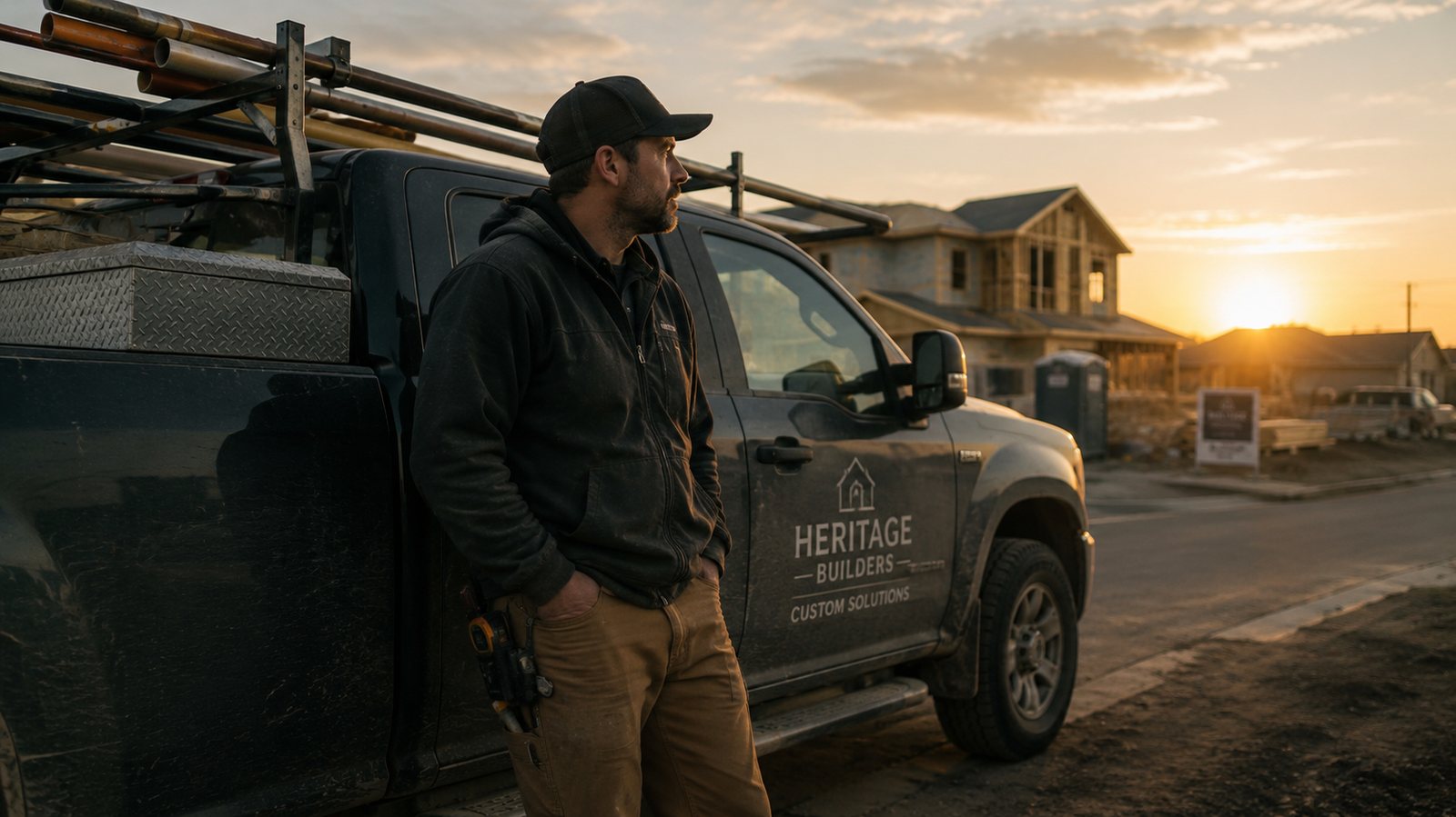 A builder standing beside his work truck at golden hour, looking out at the house he framed.
