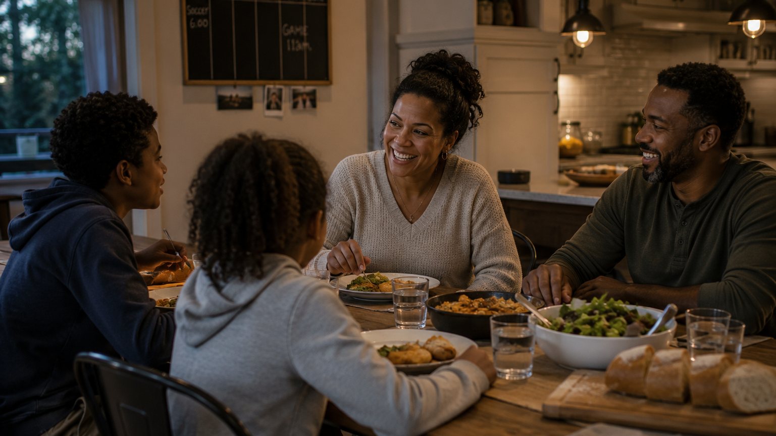 A family eating dinner together in a warm kitchen, the week's schedule chalked on the wall behind them.