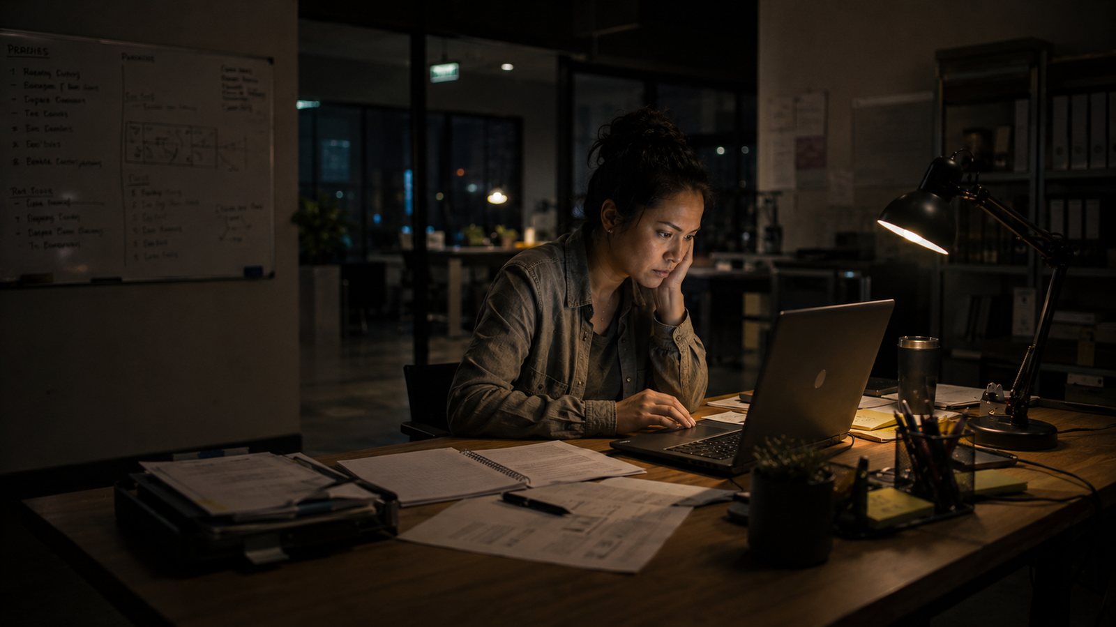 A founder working alone late at night, desk covered in paperwork, priorities still on the whiteboard behind her.