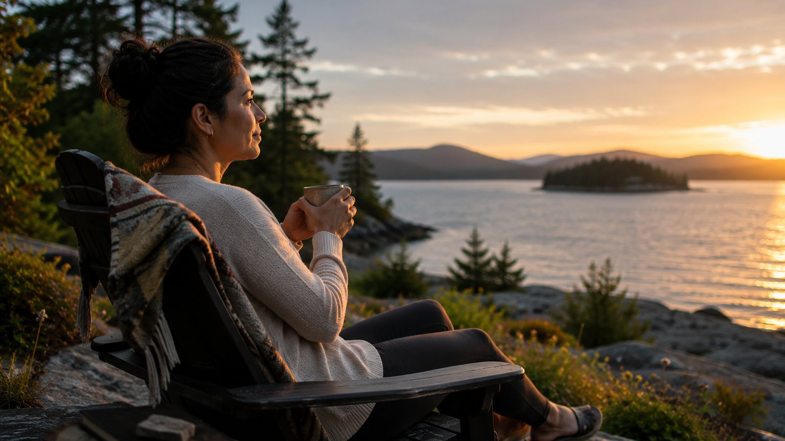 A founder sitting alone at the edge of a lake at sunset with a mug and a book, phone nowhere in sight.