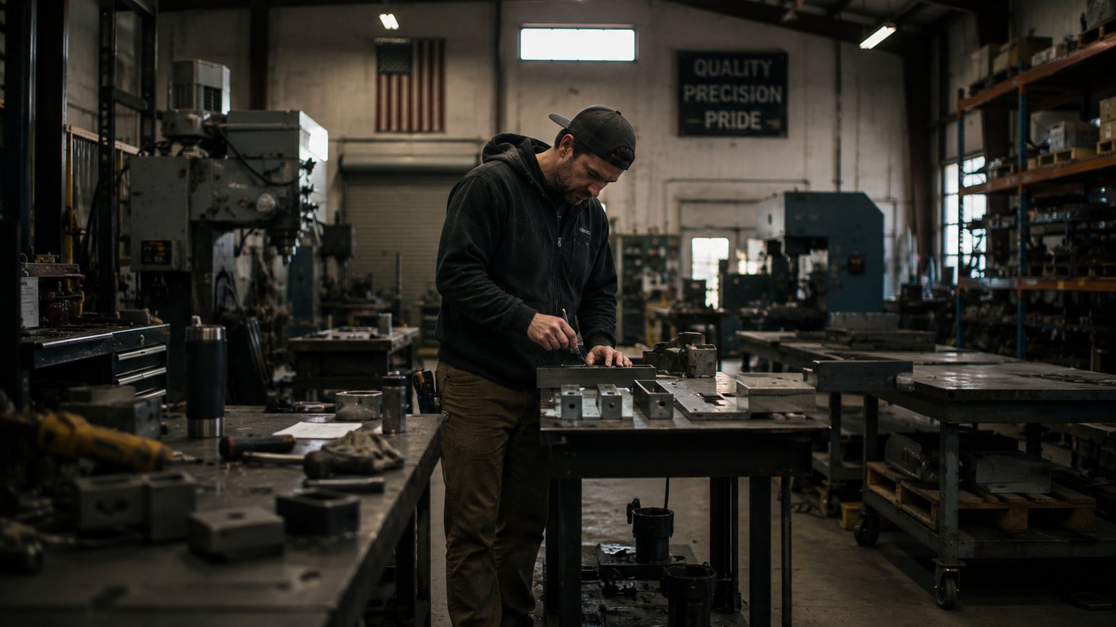 A machinist working a part alone on the shop floor, quality-precision-pride sign on the wall behind him.