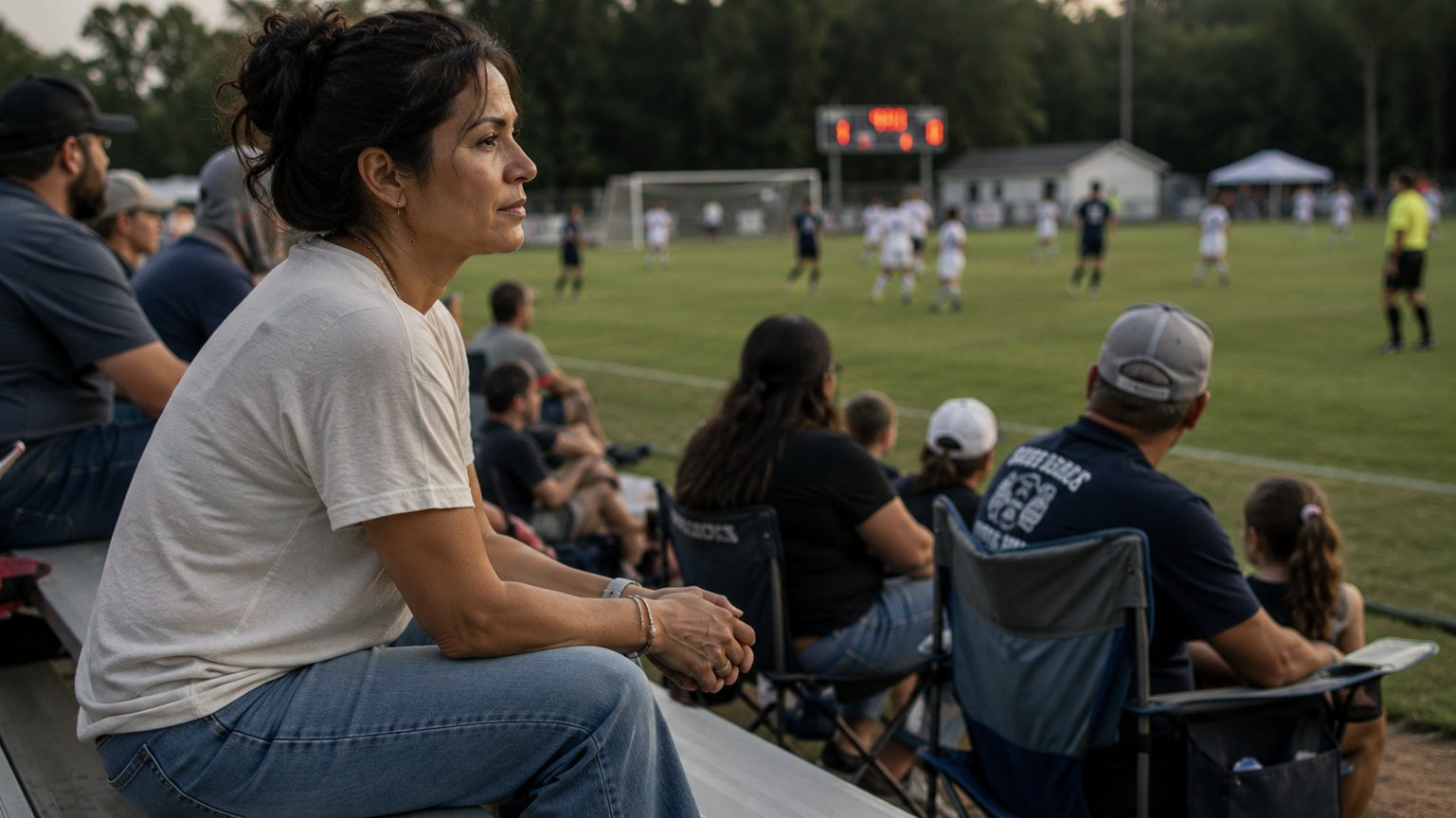 A founder sitting on the bleachers watching her kid's game, phone face-down on the bench beside her.