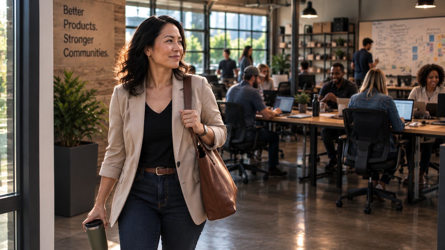 A founder walking out of her building mid-morning while her team keeps working behind her.